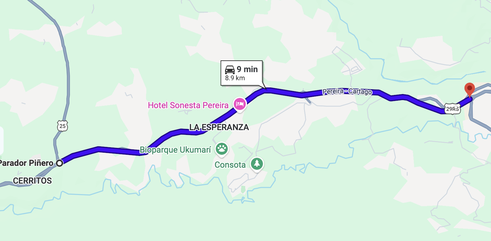 Mapa de la vía Pereira–Cartago desde Parador Piñero, en Cerritos: 8,9 km y 9 minutos